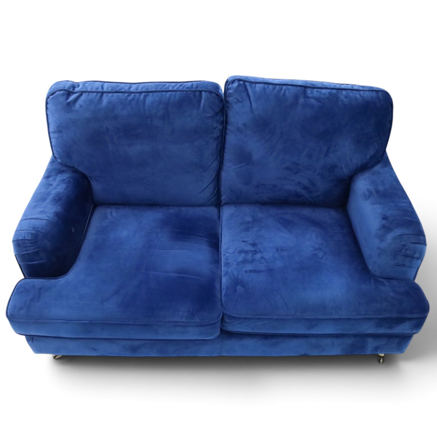 Howard design - two-seat sofa upholstered in blue fabric, traditional shape with rolled arms, on walnut finish turned feet with brushed metal cups and castors