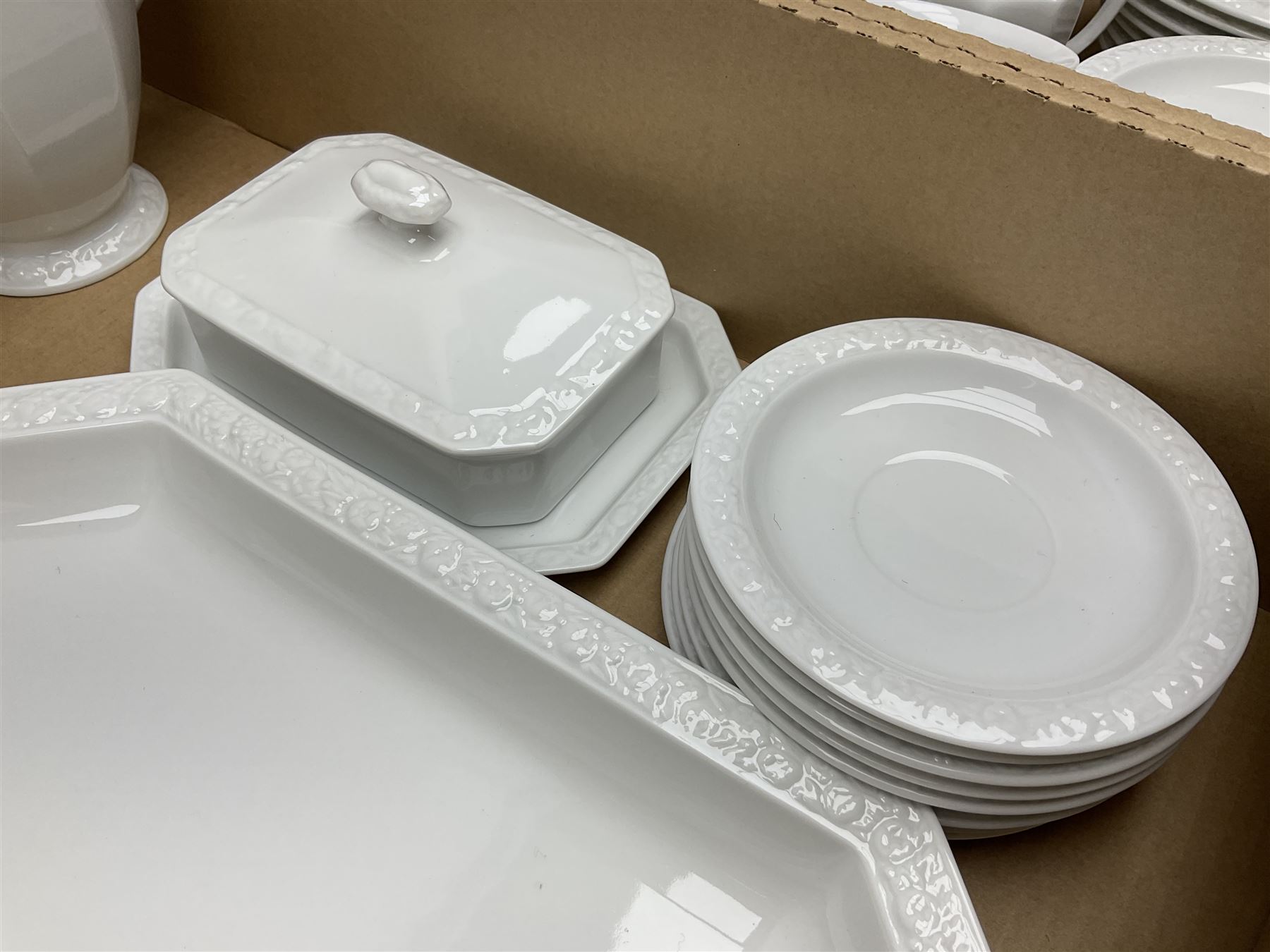 Rosenthal Classical Rose tea and dinner service for eight, including teapot, coffee pot, milk jug, covered sucrier, cups and saucers, dinner plates, serving dishes etc 