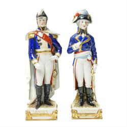 Pair of Scheibe Alsbach figures of Napoleon's generals Lannes and Kellermann on square bases H23cm