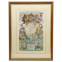 Francis Lamb (British fl.1667-1701): Frontispiece for 'Great Britain’s Coasting Pilot' by Capt. Greenville Collins depicting Britannia and Neptune flanking the title above mermen and mermaids presenting a chart of Great Britain, all surmounted by the Royal Arms, late 17th century engraving with hand-colouring pub. 1693, together with the associated letter press page, 42cm x 47cm (2)