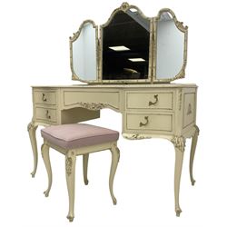 French classic design cream painted serpentine fronted dressing table with acanthus moulded edge, raised triple mirror back, fitted with five drawers, raised on cabriole supports with acanthus applied knees; with matching stool with lilac seat