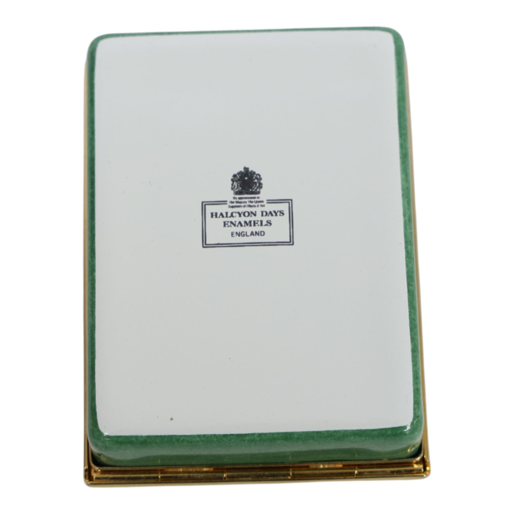 Two Halcyon Days bespoke commissioned enamel pill boxes, painted with 'The Clock House' and 'Polly & Lizzie'