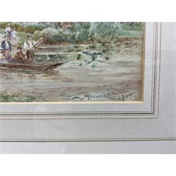 Thomas Pyne RI (British 1843-1935) Ducks in a Pond by a Bridge, watercolour signed and dated 1901, 13cm x 18cm; Walter Duncan (British 1848-1932): Punting on the River, watercolour signed and dated 1907, 13cm x 21.5cm (2)