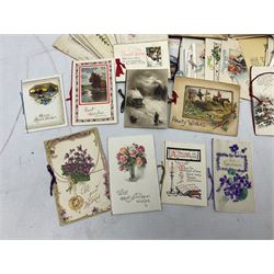 Victorian scrap album, well stocked with greeting cards and scraps; ten WW1 French embroidered silk postcards/greeting card including envelope type with greeting card insets; and large quantity of Edwardian and later postcards and greeting cards including maritime, Bonzo, greeting etc