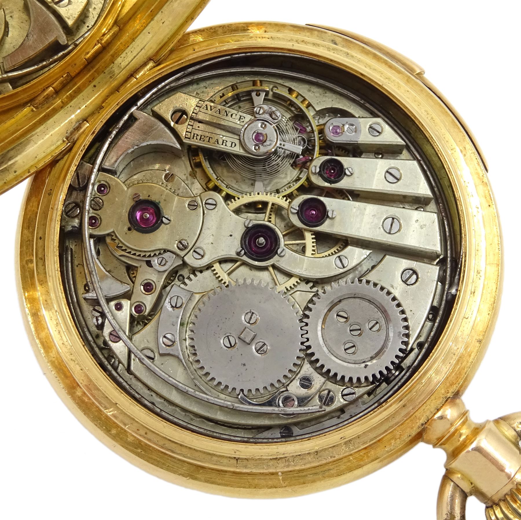 18ct gold full hunter keyless quarter repeating lever pocket watch, the gold inner dust cover engraved 'No 540 Antonio Veronesi Cairo', white enamel dial with Arabic numerals, case by Paul Jeannot  Geneve, stamped 18K