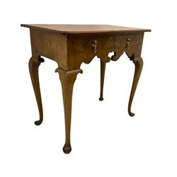 Queen Anne style figured walnut lowboy, moulded rectangular top with band,  over shaped apron fitted with two drawers, on cabriole supports