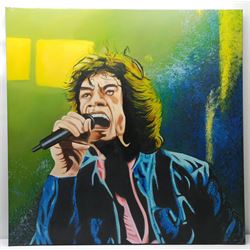 Peter J Bailey (British 1951-): Jazz Series - Mick 'Jagger', oil on canvas signed and inscribed verso 99cm x 99cm (unframed)