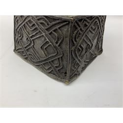 20th century Benin bronze head of an Oba, donning headdress and neck rings with wide open eyes, raised upon a tapering square base, the sides with relief cast knot decoration, H39cm