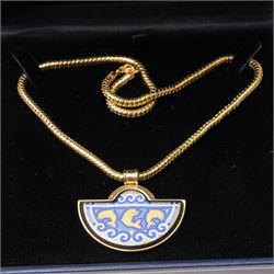 Frey Wille gold plated and enamel suite of jewellery from the Dolphins of Poseidon collection, including a pair of hoop earrings, hinged bangle and pendant on snake chain necklace, all boxed
