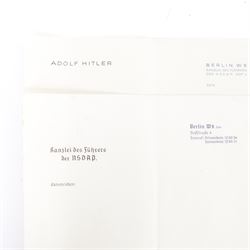 Adolf Hitler personal stationary, comprising three blank pieces of paper of varying sizes, one embossed to the top left Der Fuhrer, another Adolf Hitler, with his address Berlin W8 Kanzlei Des Fuhrers, Der NSDAP AMT 1, the third Kanzlei Des Fuhrers, Der NSDAP.
By vendor repute taken from Hitler’s desk in Berlin at the end of the war, by Harold Webster, one of the first soldiers who got into the war rooms 