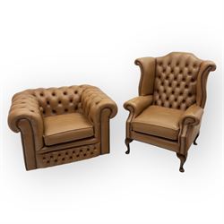 Contemporary set of two tan leather armchairs, comprising a deep-buttoned chesterfield and...