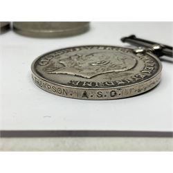 WWII group of five medals comprising 1939-45 War Medal, Defence Medal, 1939-45 Star, Africa Star and France and Germany Star on wearing bar; WWI British War Medal awarded to 142019 Pte. A. Thompson A.S.C.; and boxed King's Badge 'For Loyal Service'