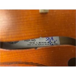 Four student violins - two Chinese three-quarter size with 33.5cm and 34cm two-piece backs; Stringers of Edinburgh quarter size with 28cm two-piece back; and Stentor quarter size with 28cm two-piece back; each in carrying case (4)