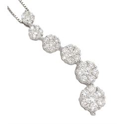 18ct white gold round brilliant cut diamond graduating daisy pendant necklace, hallmarked