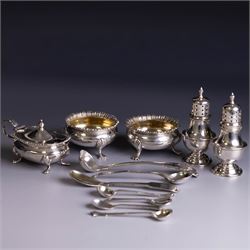 Silver cruets, including pair of open salts, mustard pot and cover, two silver pepper shak...