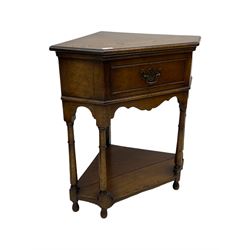 20th century distressed oak corner table, with drawer and under-tier