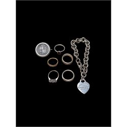 9ct gold stone set ring and silver jewellery including coin brooch, bracelet, three stone set rings and one other
