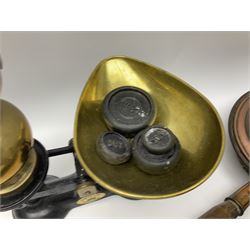 Set of Weylux Prince cast iron and brass weighing scales with weights, together with three copper and brass warming pans and other metal ware