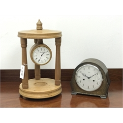  Hermle mantel clock, circular quartz movement in three pillar turned oak portico, on circular base, H43cm, and a 1950's Smiths Enfield oak cased mantel clock, H20cm (2)  