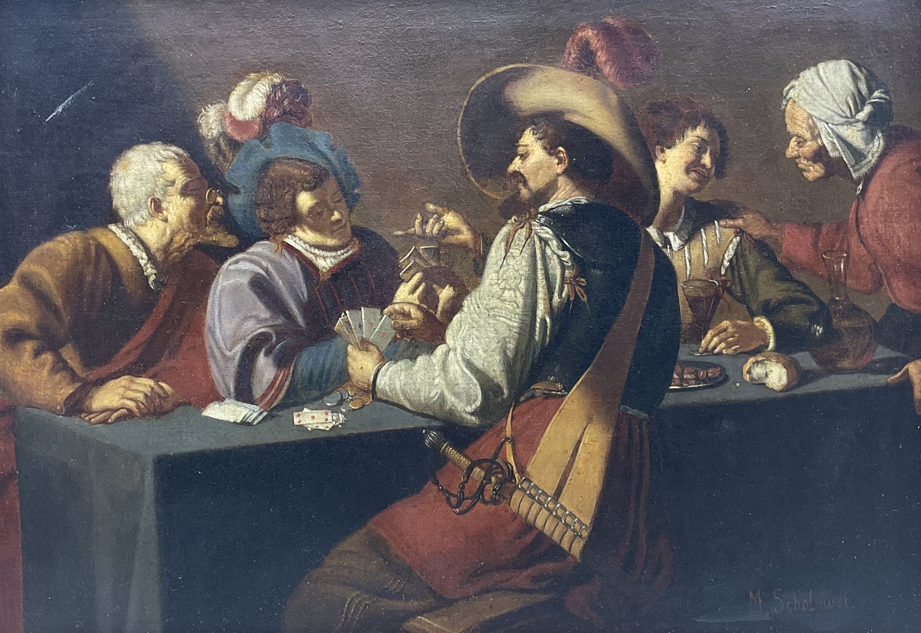 Michael Scholowei (Continental 19th/20th century) after Theodoor Rombouts (Flemish 1597-1637): 'The Card Players', oil on canvas signed 27cm x 38cm
