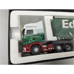 Corgi Eddie Stobart - three limited edition lorries; CC12936 Sight & Sounds Scania Topline Curtainside Trailer; CC13812 Hauliers of Renown Mercedes-Benz Actros Curtainside Knauf; and CC13405 MAN TGA XL Step Frame Curtainside Trailer; all boxed (3)