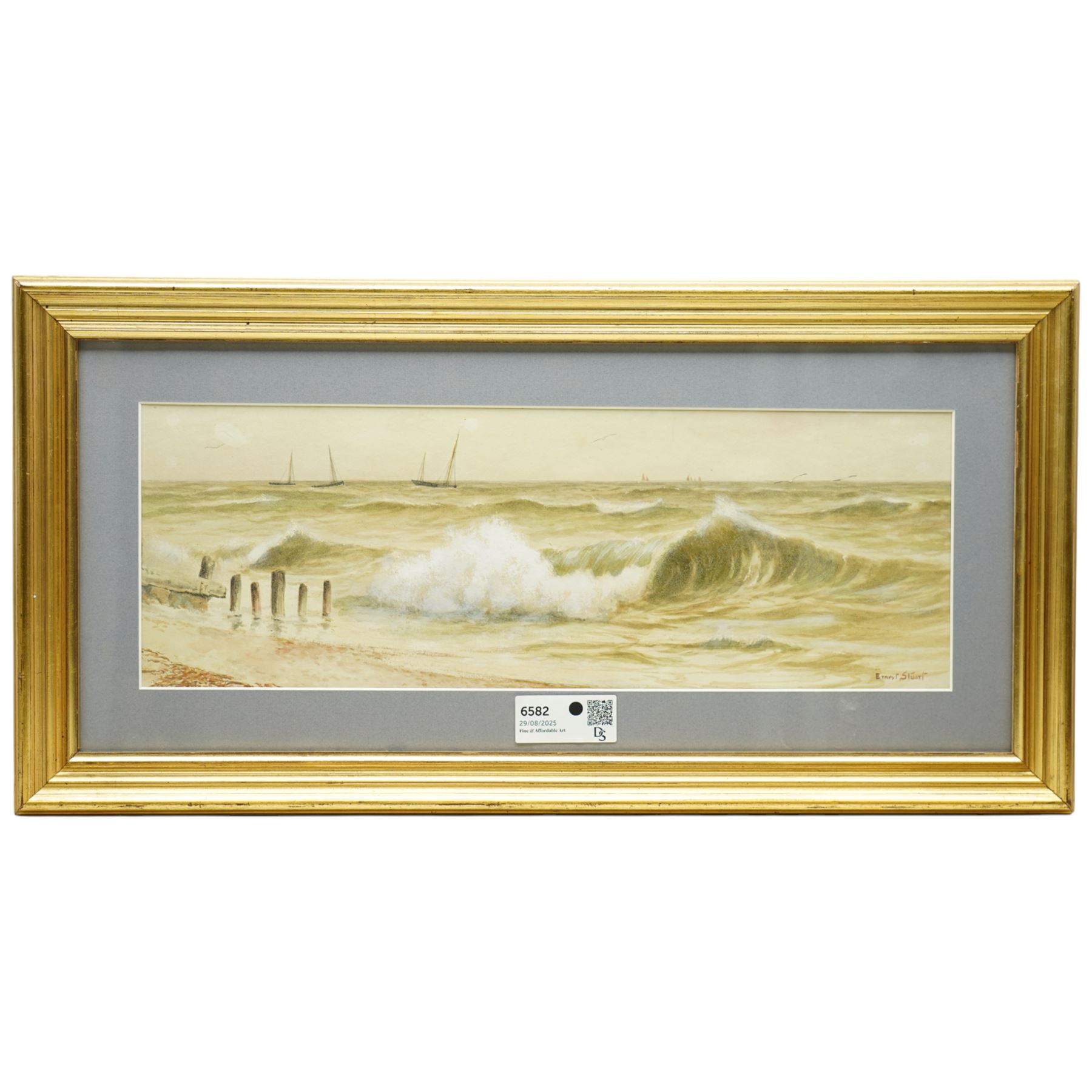 Ernest Stuart (British 1889-1915): Breaking Waves, watercolour signed 18cm x 51cm