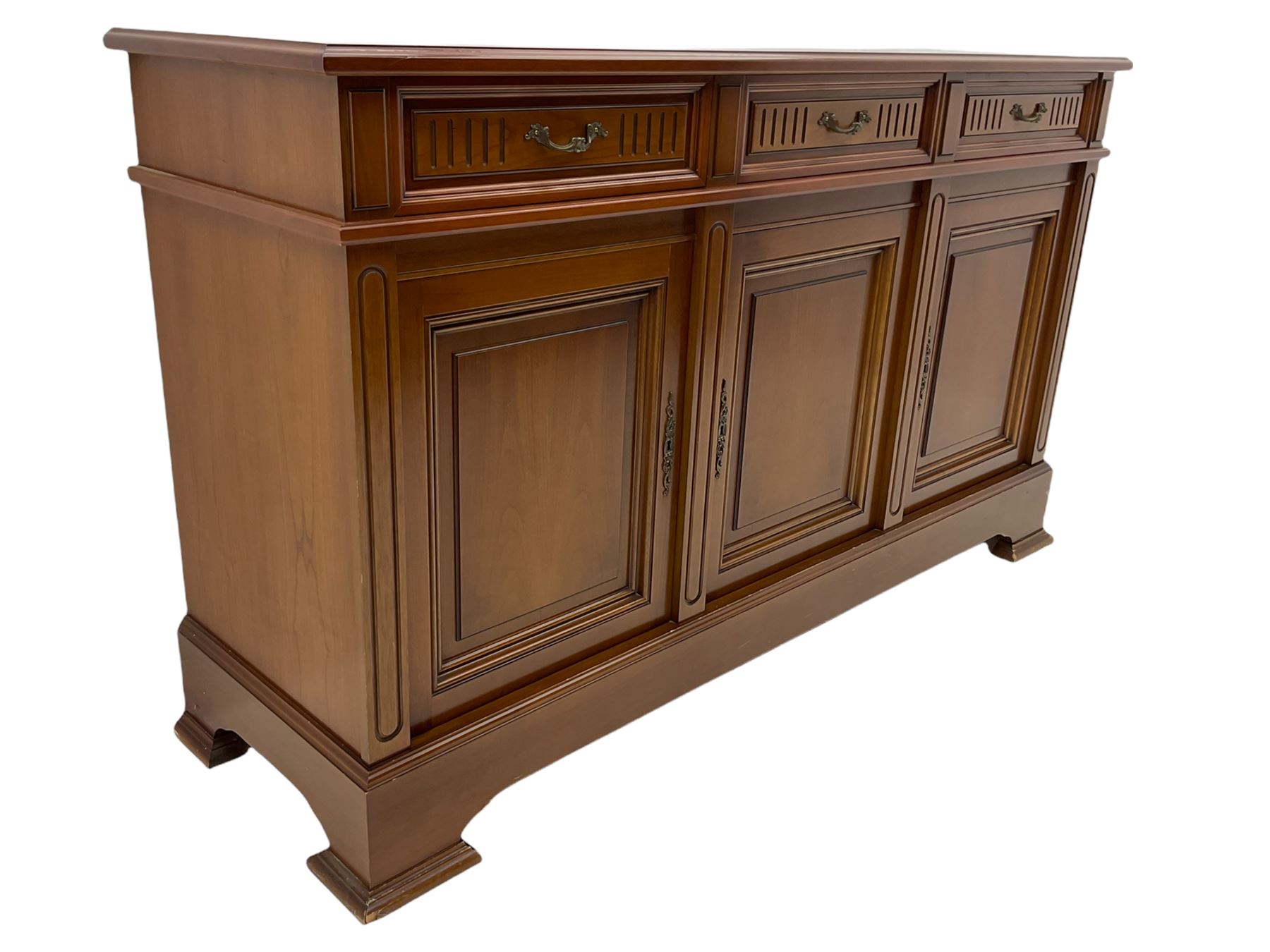 Contemporary cherry wood sideboard, rectangular moulded top over three drawers and three cupboards