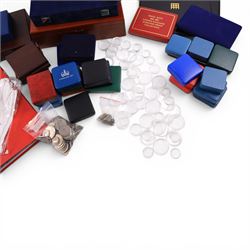 Large quantity of empty Royal Mint and Westminster coin cases, two part-filled First National Coinage of Barbados proof sets, pre-decimal coins, commemorative crowns, small group of ancient coins, Pobjoy Mint velvet bags, Hattons of London gloves, coin capsules, etc