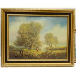 Edward 'Ted' Dyer (British 1940-): Fly Fisherman, oil on canvas signed 39cm x 29cm; Colin Richardson (British 20th century): Boats at Twilight, oil on board signed 32cm x 45cm; Philip Sandee (British 20th century): House by a Meadow, oil on canvas signed 19cm x 25cm (3)