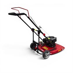 Cobra-  575ex petrol hover mower, with Briggs & Stratton engine, wheeled transport frame and red deck.