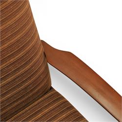 Parker Knoll - 'PK 988' open armchair, with teak frame, upholstered in a striped fabric, raised on tapering supports, the loose seat cushion supported on elasticated webbing 