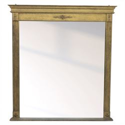 Late 20th century neoclassical style gilt wall mirror, the moulded cornice above a plain frieze centred with foliate mount, fluted pilaster sides with applied ornament, on moulded plinth base surrounding a rectangular mirror plate
