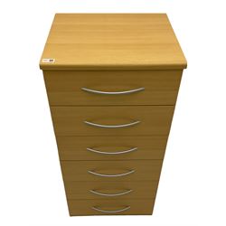 Light wood finish six drawer chest, and a rectangular footstool 