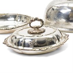 Pair of silver plated oval entree dishes and covers with bead edge and shell moulded borders and engraved covers and matching chafing dish by Martin Hall & Co and a plated meat cover