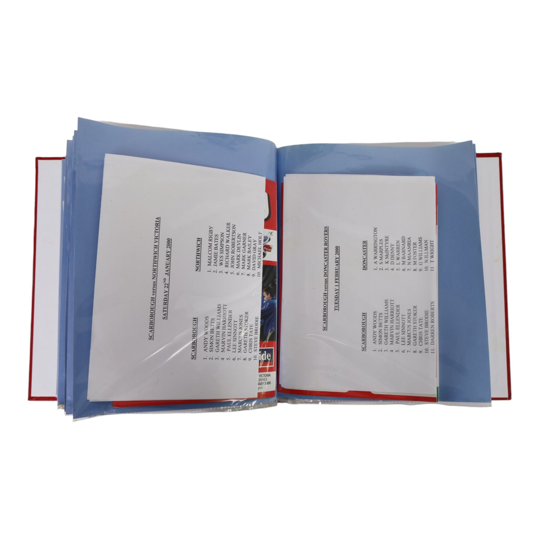 Comprehensive collection of approximately two hundred and twenty Scarborough FC football programmes for the 1999/00, 2000/01, 2001/02 and 2002/03 seasons, all filed within eight dedicated Scarborough FC red Home and Away binders