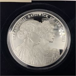 Queen Elizabeth II Bailiwick of Jersey 2013 'Coronation Jubilee' silver proof five ounce coin, weighing 155.53 grams 925/1000 silver, cased with certificate