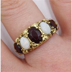 9ct gold oval opal and garnet five stone ring, hallmarked