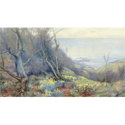  William Gilbert Foster (Staithes Group 1855-1906): 'Spring' - Overlooking Runswick Bay, oil on canvas signed and dated '99, titled verso with artist's address 'Beechwood Halton Leeds' 85cm x 150cm  