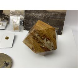 Studio Danielle Old English Sheepdog jewellery including two pairs of cufflinks, necklace and pin, together with similar belt buckle, hardstone tetradecahedron paperweight, postcards and an Imperial War Museum Falklands Conflict coin