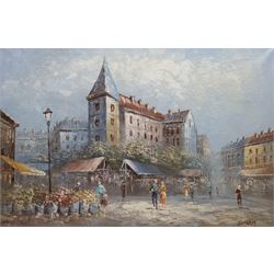 French School (20th century): Parisian Street Scene with Figures and Flower Market, oil on canvas signed 'Burnett' 60cm x 90cm and another similar signed L. Basset 60cm x 50cm (unframed) (2)
