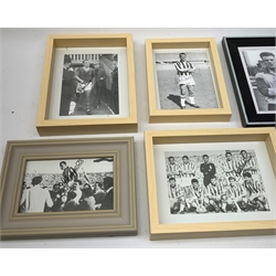 A group of football related autographed prints, comprising eight examples signed by Leeds United footballer John Charles, and a further example signed by Leeds United footballer Dave MacAdam and Scottish footballer David Cochrane, each framed and glazed. 