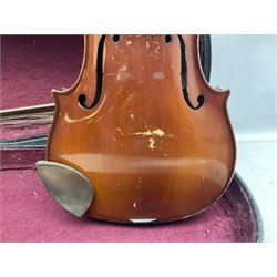 German trade violin 1950s with 36cm two-piece maple back and ribs and spruce top, bears label 'Johann Stainer in Absam prope Oenipontum 1650' L59cm; in carrying case with bow impressed Tourte