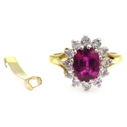  18ct gold ruby and diamond cluster ring, hallmarked   