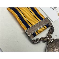 Victoria South Africa Medal (Zulu Wars) 1877-79 with 1879 clasp awarded to 50/544 Pte. T. Noon 57th Foot (West Middlesex regiment); with replacement ribbon but original ribbon present