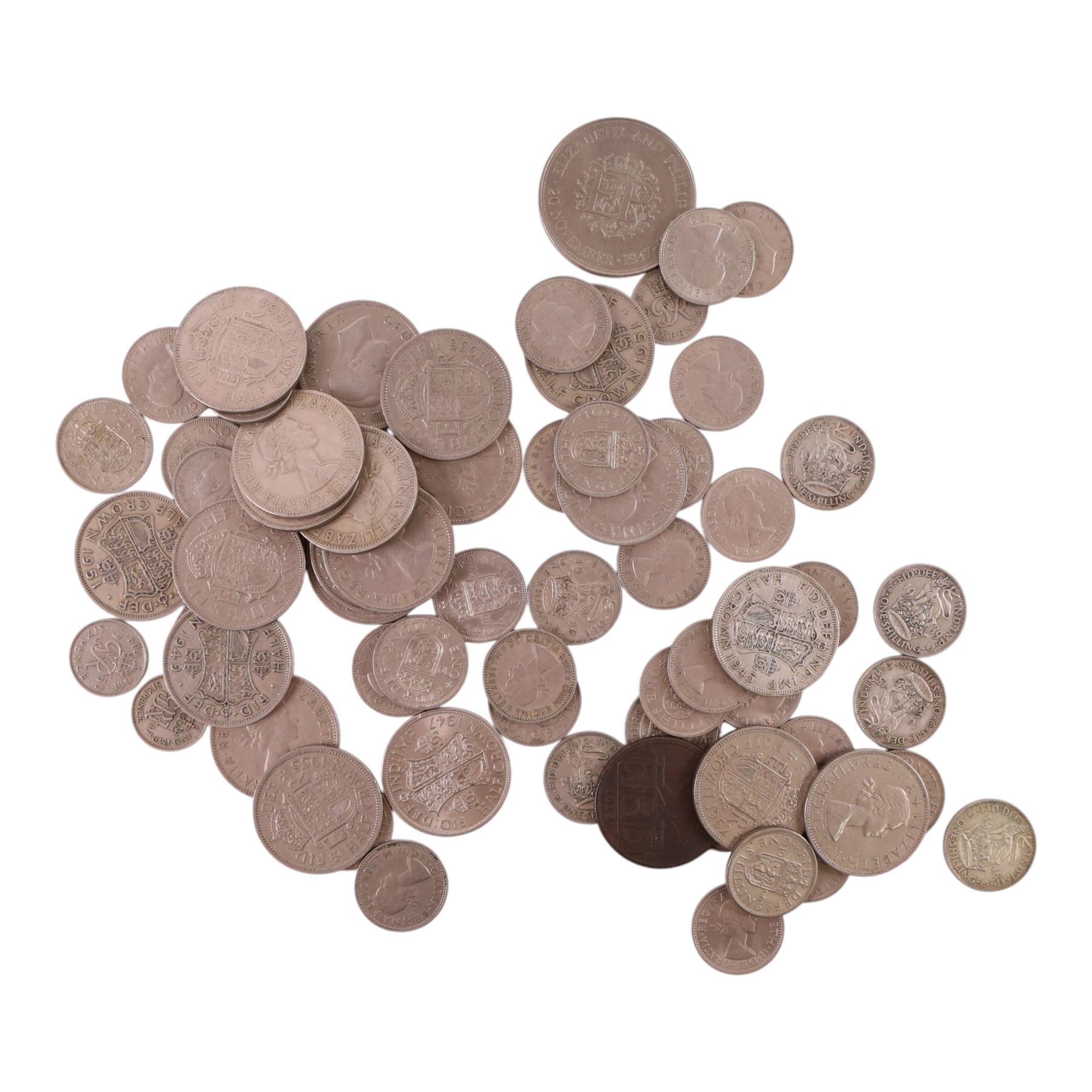 Approximately 270 grams of Great British pre-1947 silver coins, Queen Victoria 1898 silver half crown, King George V South Africa 1935 two and a half shillings, 1812 Hull Lead Works penny, further Great British pre-decimal coins, and commemorative crowns