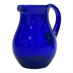 19th century Bristol blue glass jug, the baluster body with simple loop handle, together with a double lipped rinser, jug H14cm