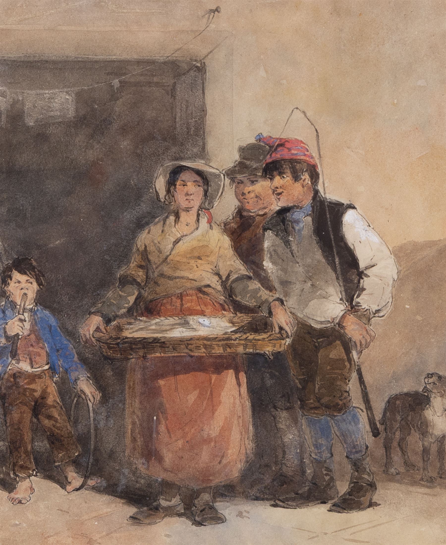 Manner of Sir David Wilkie (Scottish 1785-1841): The Fish Lady, watercolour heightened in white unsigned 24cm x 20cm 