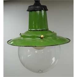  Green enamel industrial pendant light fitting with clear glass globular shade, H50cm (re-wired)  