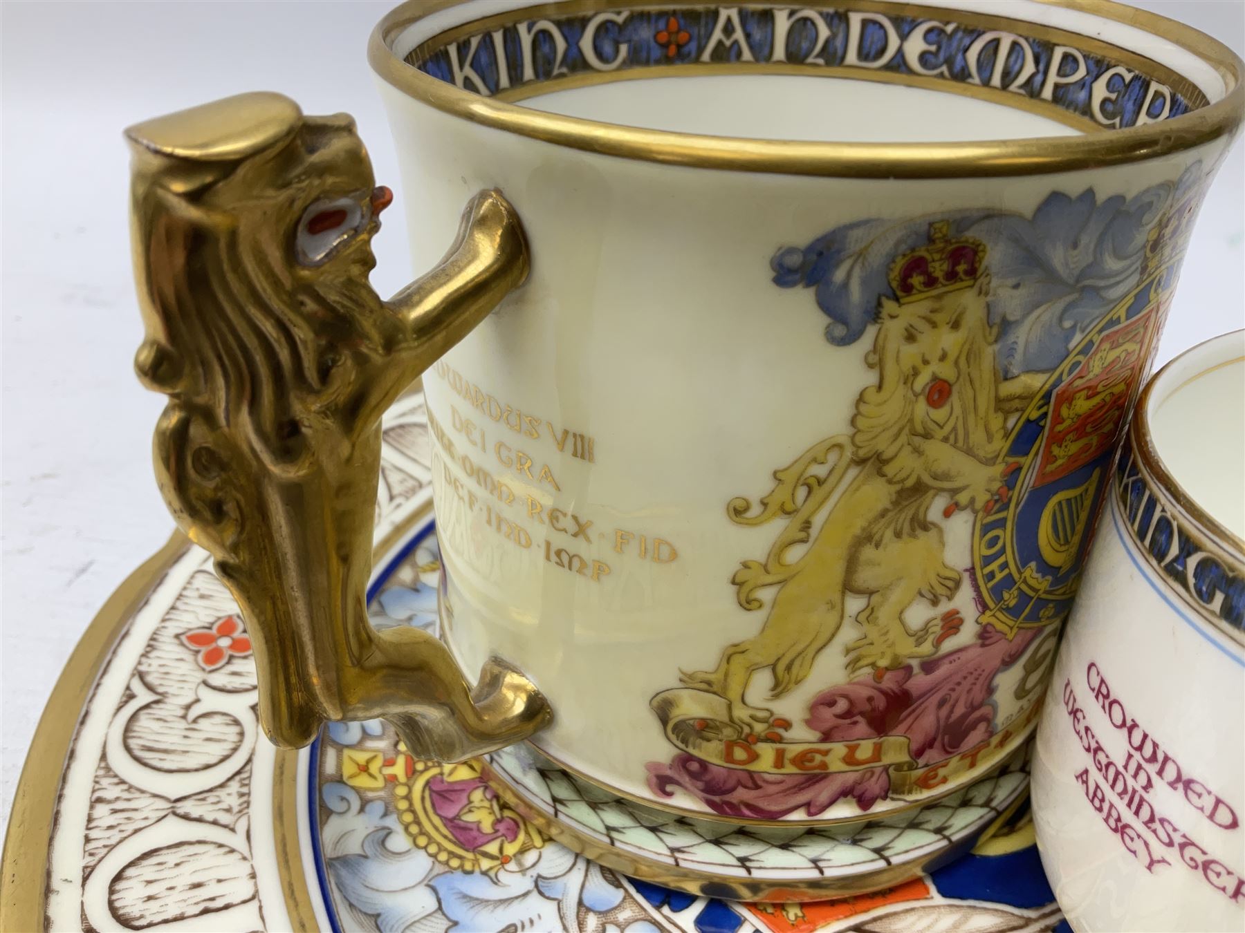 Paragon Edward VIII Coronation commemorative ware to include twin handled loving cup, H10.5cm, cup and plate, all with printed marks beneath (3)