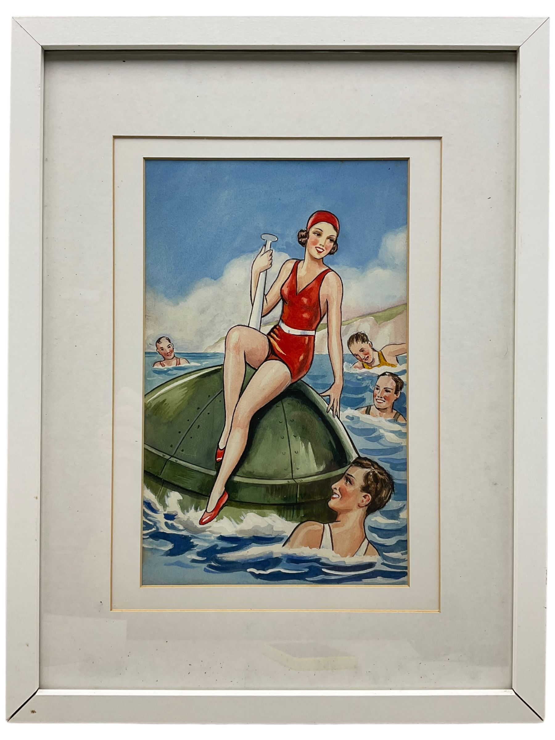Madge Williams (British 1903-1986): 'My Baby's Got Rhythm', gouache signed together with 'Walkers Big Painting Book Number 12' 'Bumping Boats' 'Attracted to Bouys' and 'I See the Sea Now', set of four original gouache 1950's style postcard illustrations unsigned max 22cm x 31cm (5)